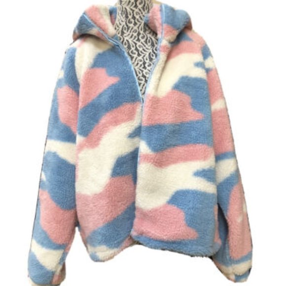 UGG ALL GENDER PRIDE STRIPES SHERPA FAUX FUR HOODIE OVERSIZED LOOSE JACKET COAT - Picture 2 of 7
